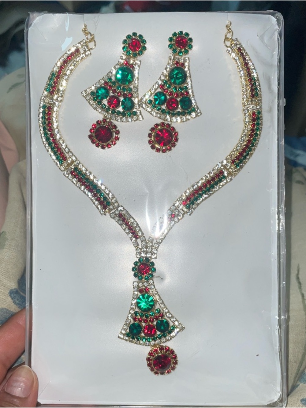 Gold-Tone Green & Red Crystal Necklace and Earring Set